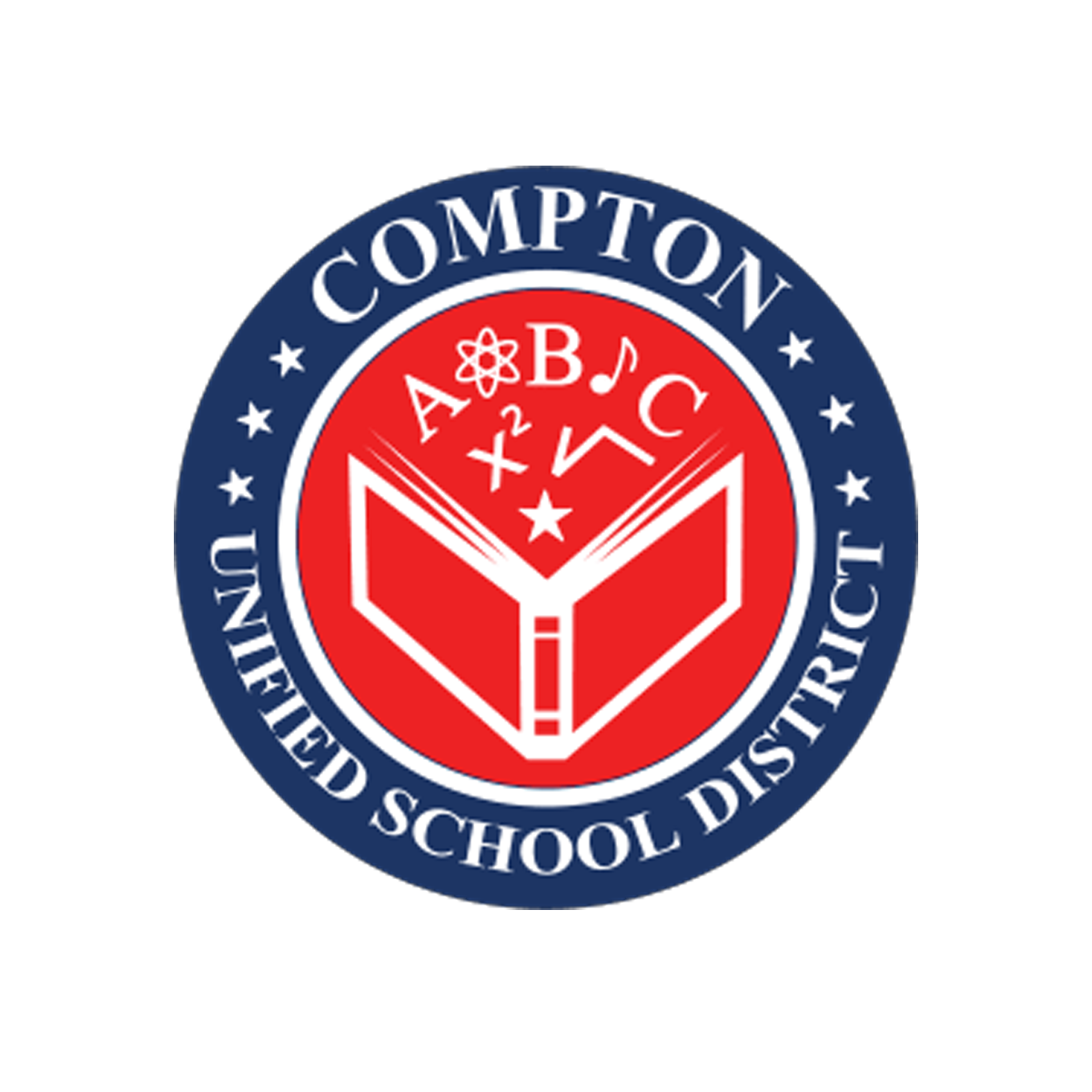 Seal of the Compton Unified School District featuring a red book, math symbols, and the district name in a circular blue and white design.