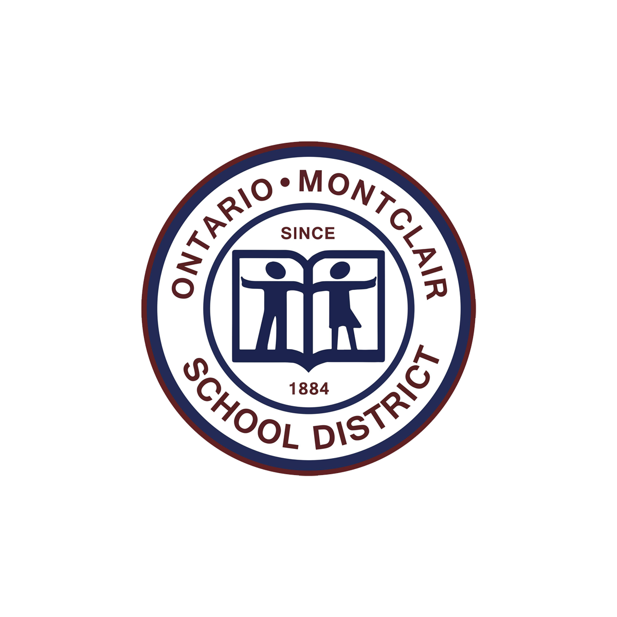 Seal of the On Stario Montclair School District featuring two stick figures, one male and one female, holding hands over an open book, with the text "Since 1884" and the district's name around the perimeter.