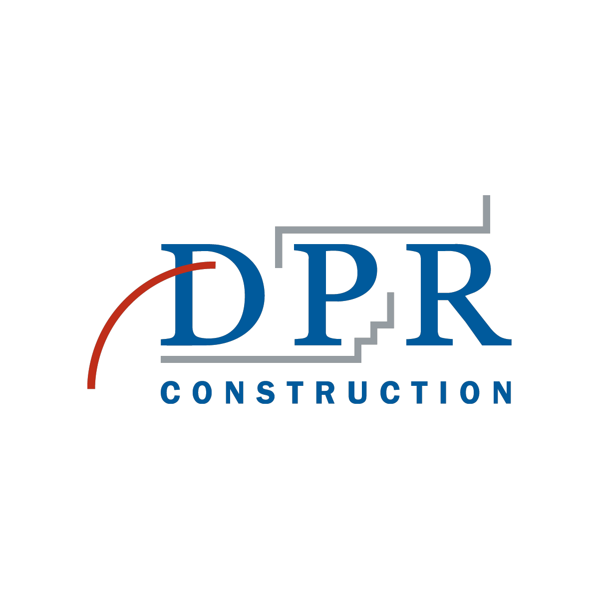 Logo for DPR Construction featuring blue text with stair-like gray lines and a red curved line on a black background.