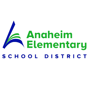 Logo of Anaheim Elementary School District with a stylized blue and green abstract shape, the text 'Anaheim Elementary' in green, and 'School District' in blue.