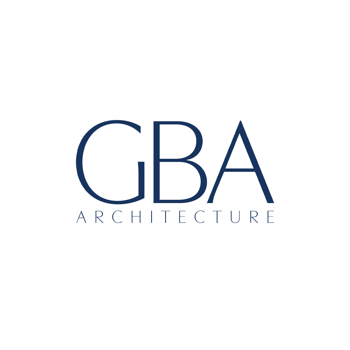 GBA Architecture logo with a black background, featuring the abbreviation 'GBA' in large blue and white letters, and the word 'ARCHITECTURE' in smaller white letters below.