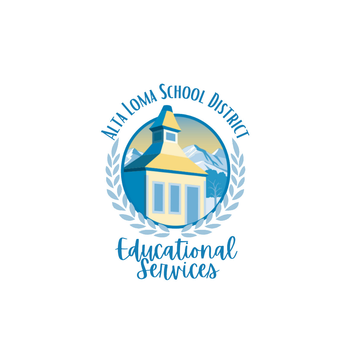 The logo for the Anita Loma School District Educational Services features a yellow schoolhouse with a blue roof and a small bell tower, set against a mountainous background with snow-capped peaks, surrounded by laurel branches, with the text "Anita L