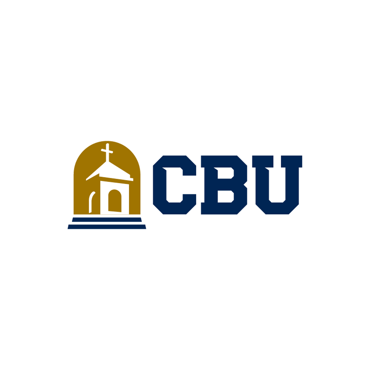 Cbu logo featuring a church steeple and cross in brown and white, with the text 'CBU' in navy blue.