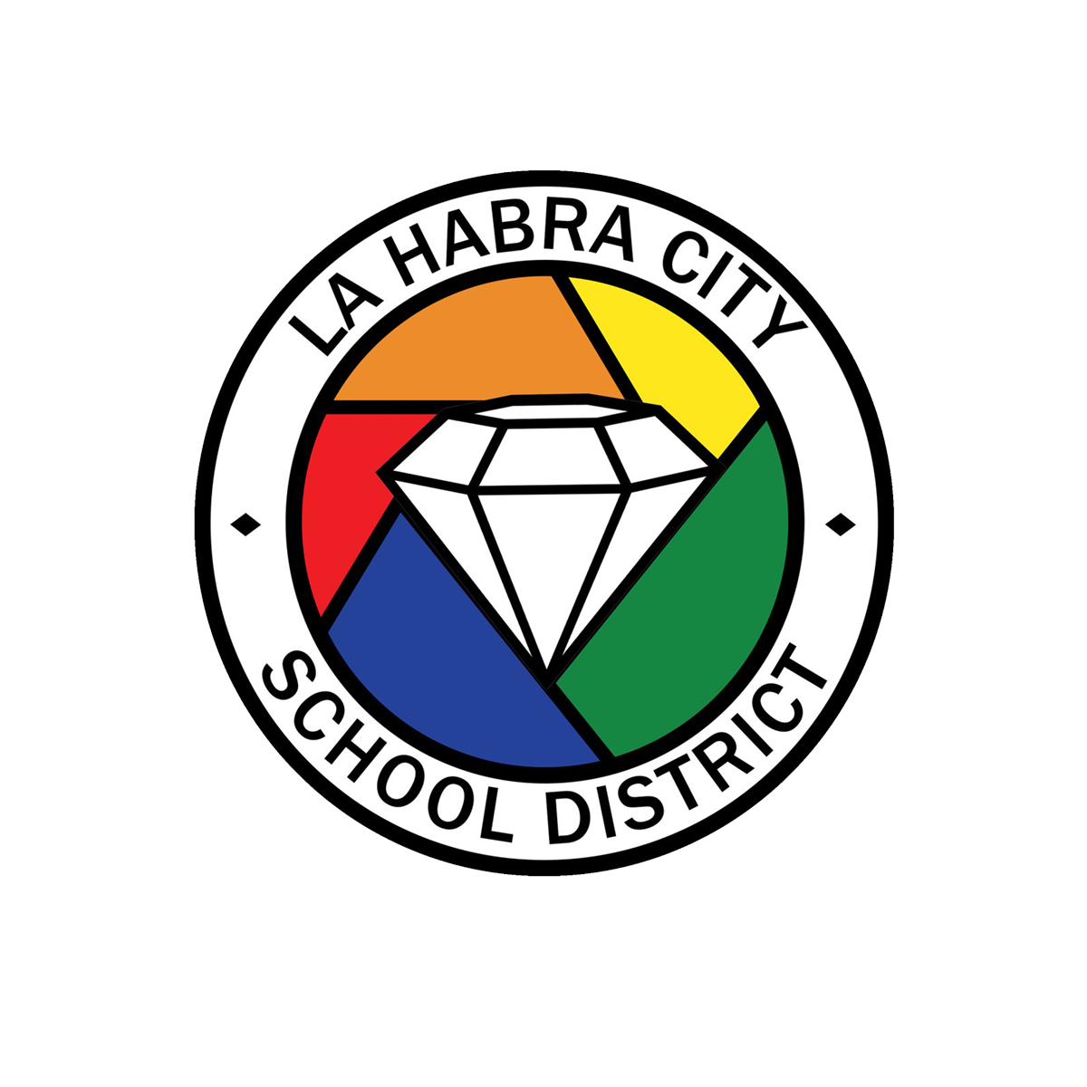 A circular emblem with a diamond in the center, surrounded by colored sectors in orange, yellow, green, and blue. The outer ring has text that reads 'LA HABRA CITY SCHOOL DISTRICT'.