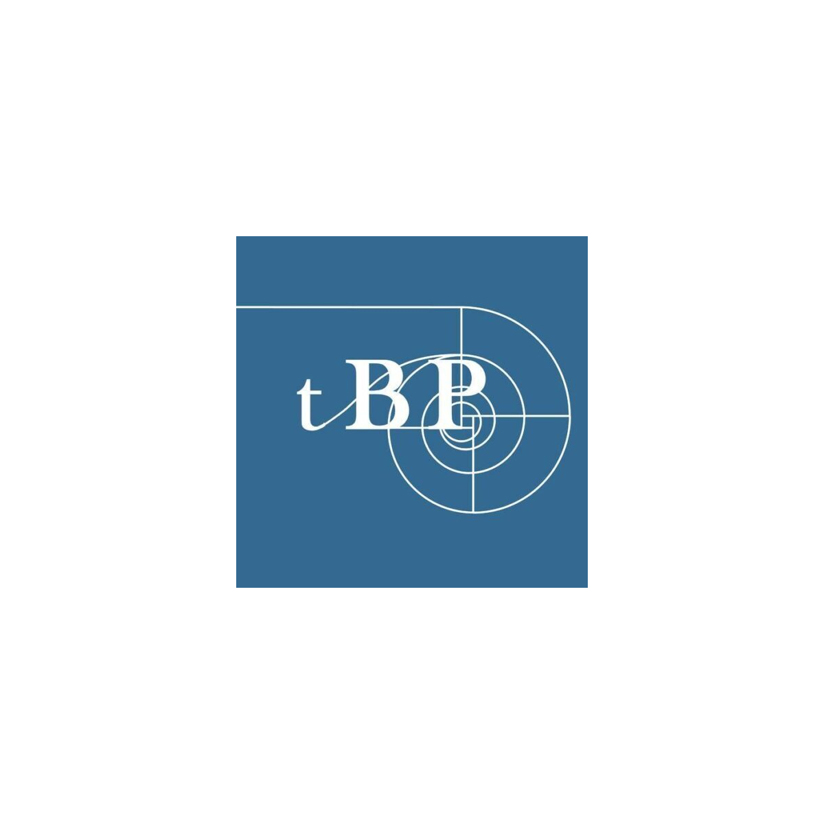 Blue logo with white design and text reading 'tBB' with spiral and grid pattern behind.