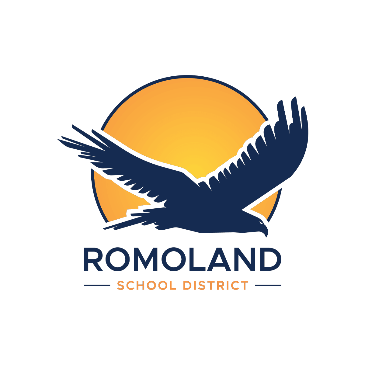 Logo of Romoland School District, featuring a black bird with yellow wings in front of a yellow circle, with the text 'ROMOLAND SCHOOL DISTRICT' underneath.