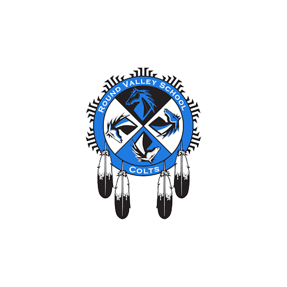 School emblem with blue and black colors, featuring the words 'Round Valley School Colts' and four feathers hanging from the bottom.
