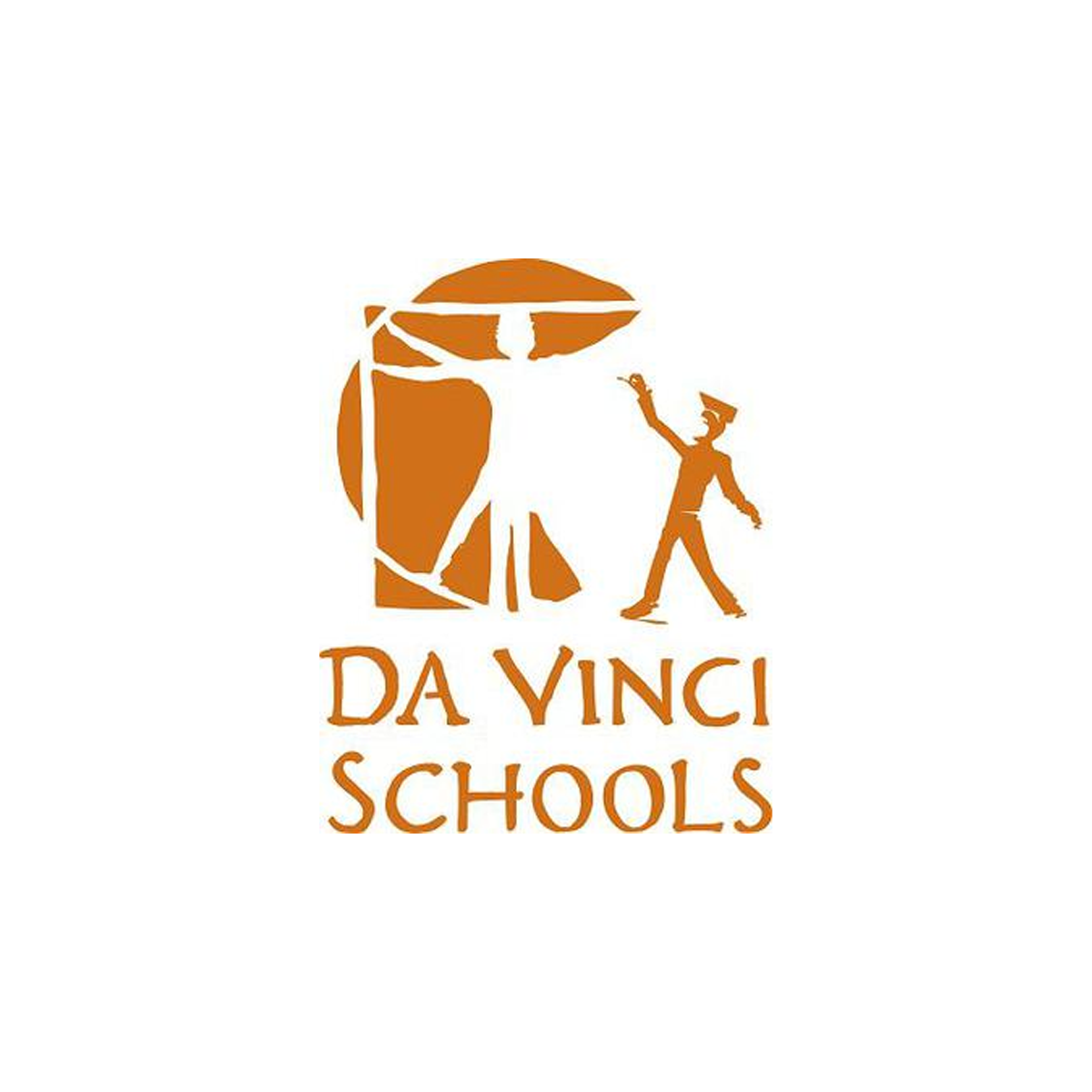 Logo for Da Vinci Schools featuring a stylized portrait of Leonardo da Vinci and a student holding a book, with the name written below in orange text.