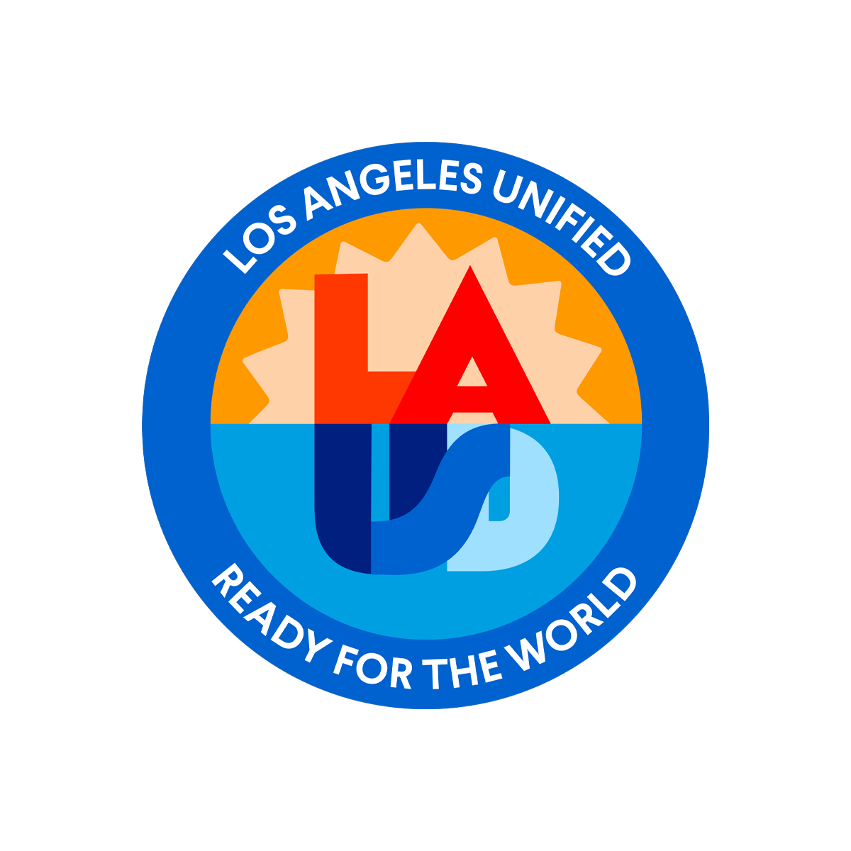 Logo for Los Angeles Unified School District featuring the letters LA in red, with a yellow sun and blue water, and the text 'Los Angeles Unified' and 'Ready for the World' in a circular format.