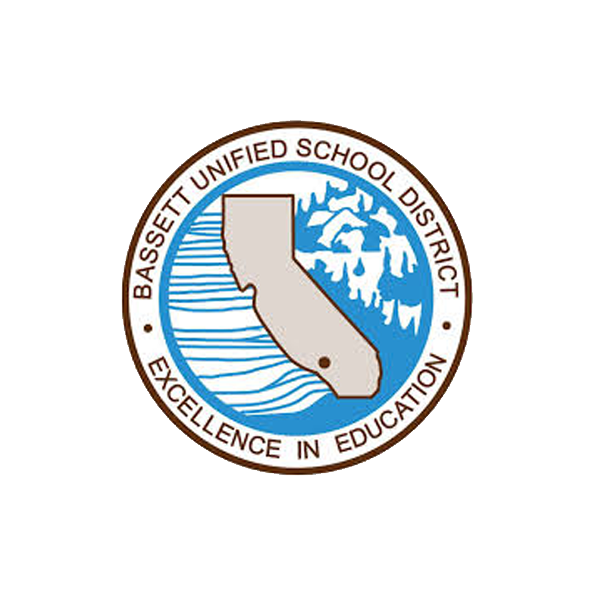 Seal of the Bassett Unified School District featuring a map of California, a mountain, and water elements.