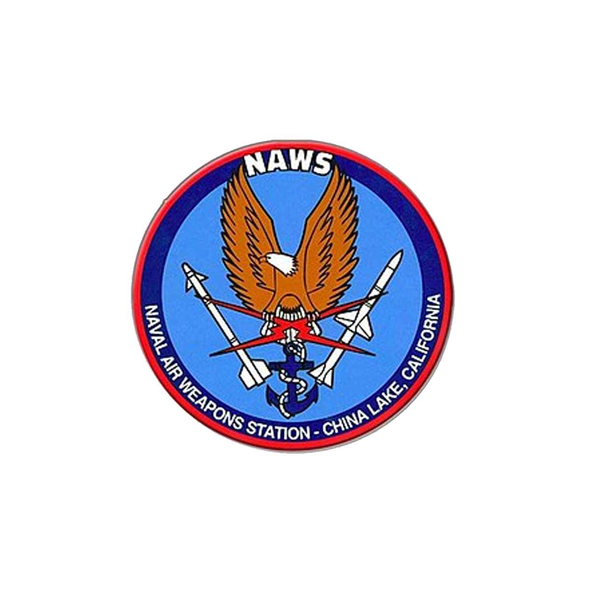 NAWS logo with an eagle clutching missiles, surrounded by a blue circle with the text "NAWS Naval Air Weapons Station - China Lake, California."