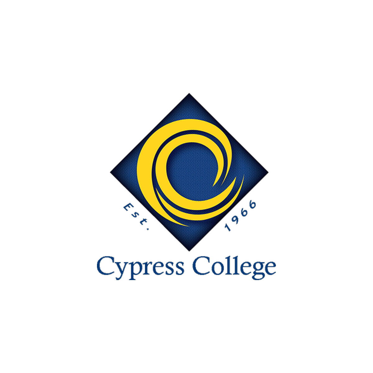 Cypress College logo featuring a yellow stylized letter 'C' within a blue diamond shape, with 'Cypress College' written below in blue text.