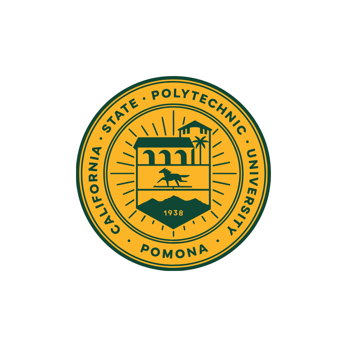 Seal of California State Polytechnic University, Pomona, featuring a mountain, a dog, a building, a palm tree, and the year 1938, with the campus name encircling it.