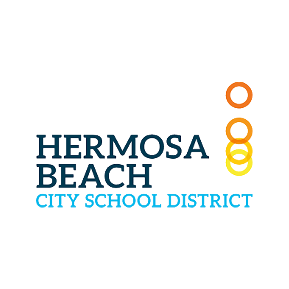 Hermosa Beach City School District logo featuring text in blue and orange with connected circles in orange, yellow, and red colors.