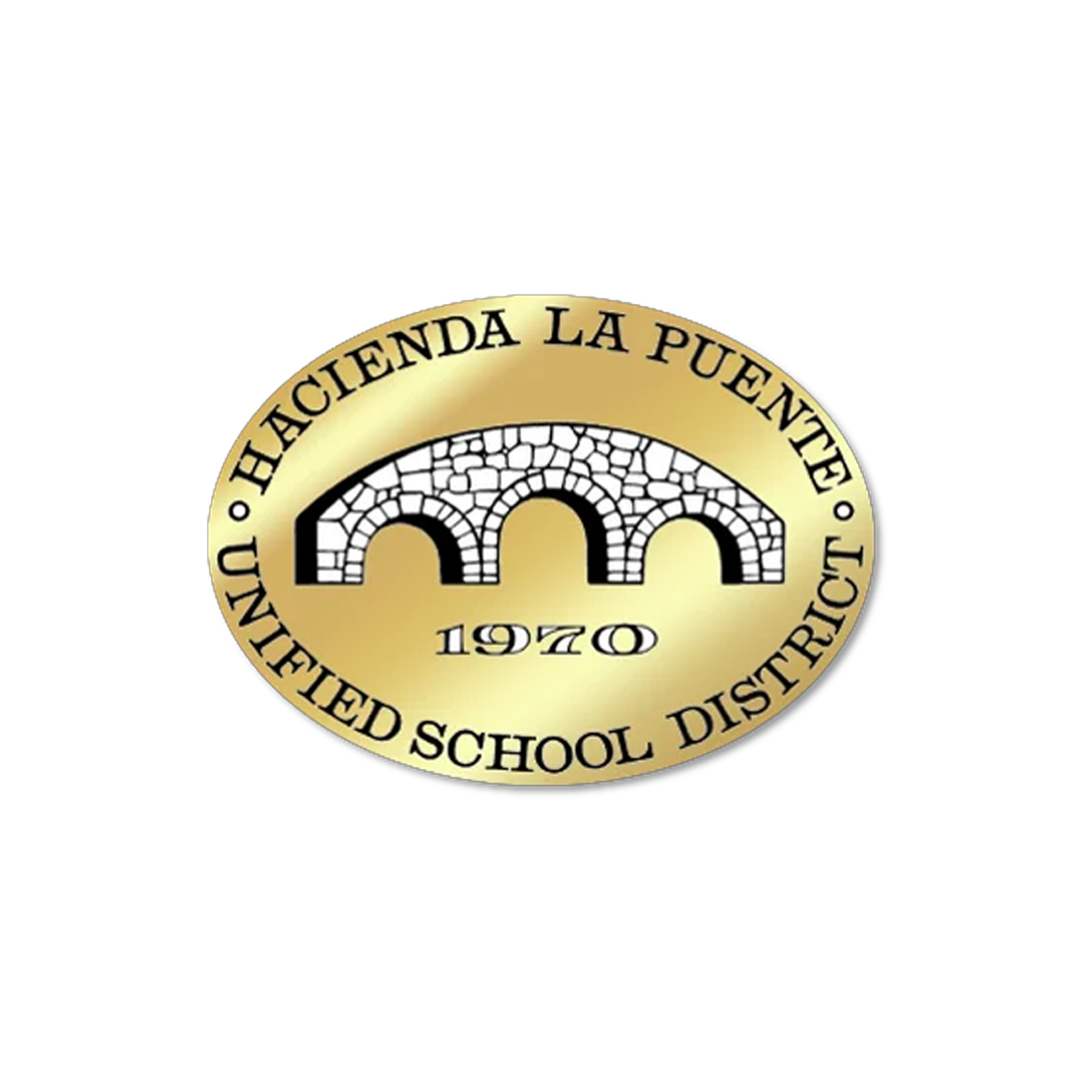 Gold emblem with the text "Hacienda La Puente Unified School District" and the year "1970", featuring a stylized stone bridge graphic.