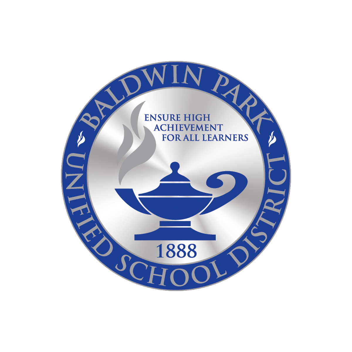 Seal of Baldwin Park Unified School District with motto 'Ensure High Achievement for All Learners', founded in 1888, featuring a stylized lamp and flame.