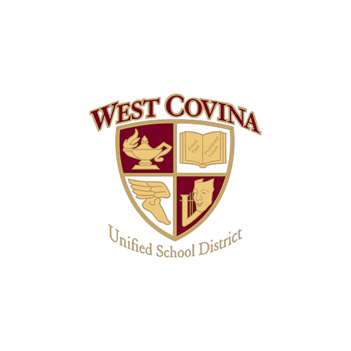 School emblem for West Covina with a shield divided into four sections showing a lamp, an open book, a quill and lyre, with the text 'West Covina Unified School District' at the bottom.