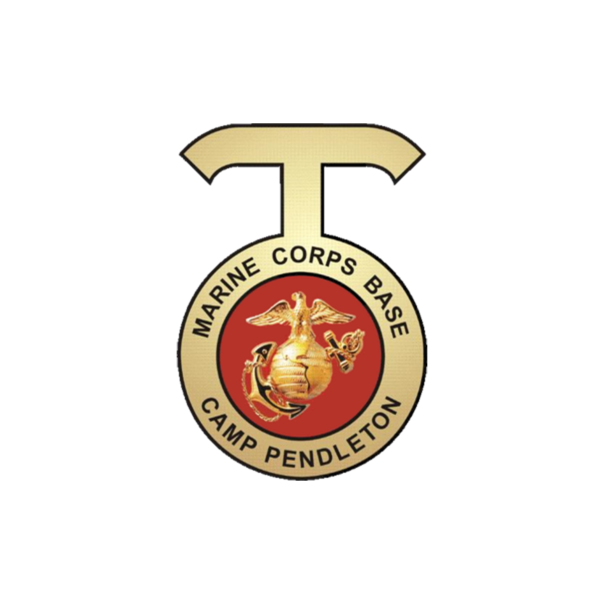 Medal with a Marine Corps emblem, featuring an eagle, globe, and anchor, and the text 'Marine Corps Base Camp Pendleton'