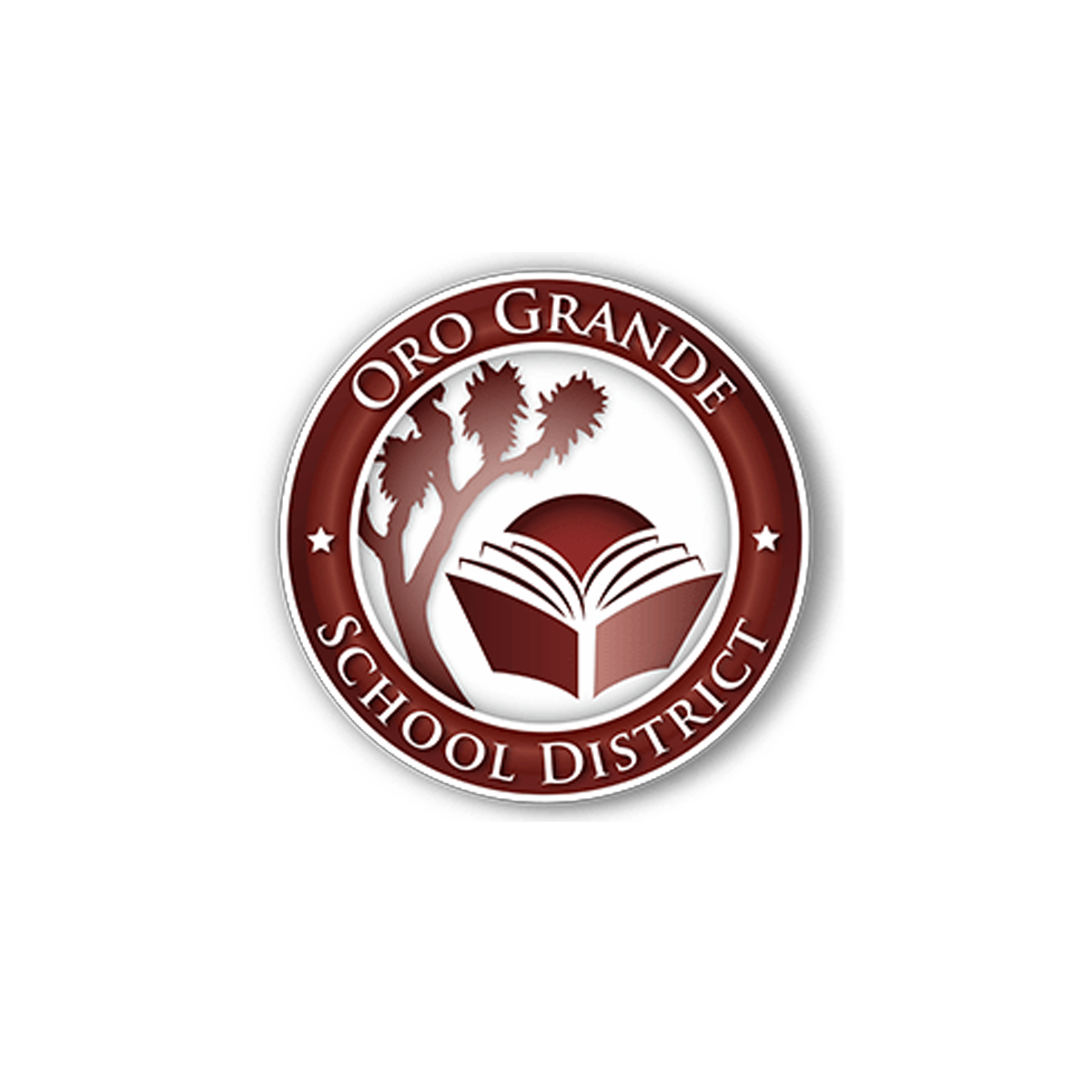 Seal for Oro Grande School District featuring a tree, an open book, and stars.