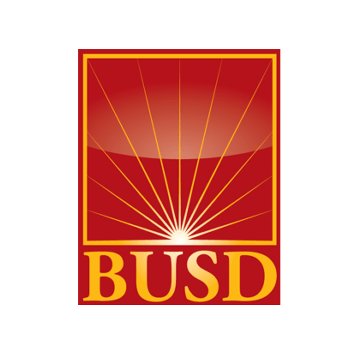 Logo of the Basque Business School with a red background, orange outline, stylized sun rays emanating from a bright point, and the acronym 'BUSD' in yellow text.