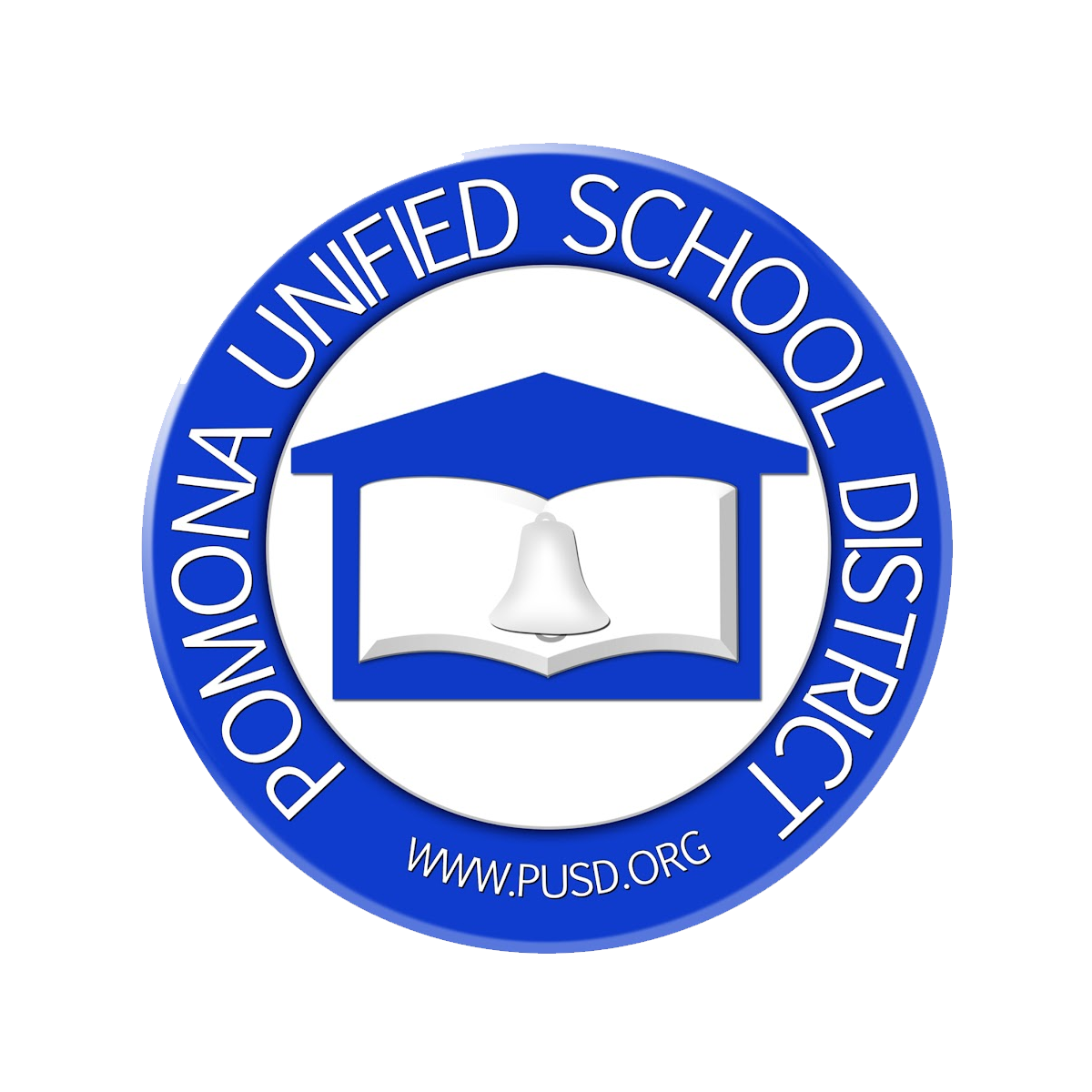 Logo of the Pasadena Unified School District featuring a blue circle with white text and a central icon of an open book with a bell inside, representing education.