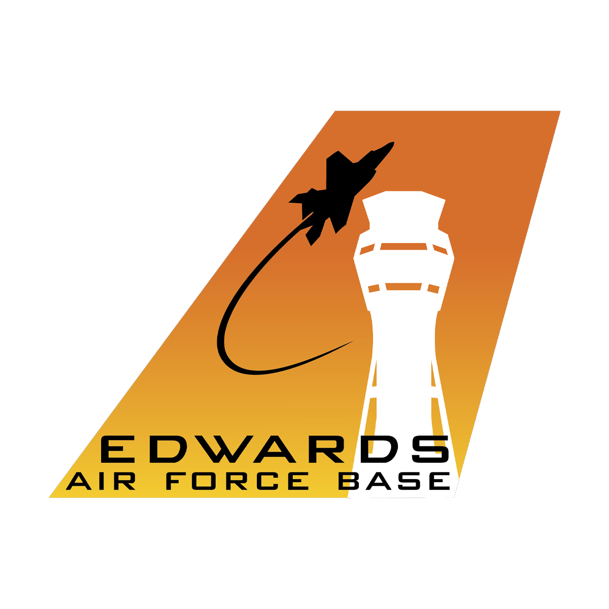 Logo of Edwards Air Force Base featuring a stylized white tower with a missile or jet silhouette flying above it, on a gradient background transitioning from orange to yellow with black text reading "EDWARDS AIR FORCE BASE".