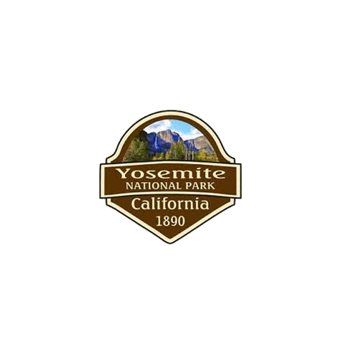 Yosemite National Park logo with mountain landscape image at the top, text indicating Yosemite National Park in California established in 1890 on a brown and beige background.