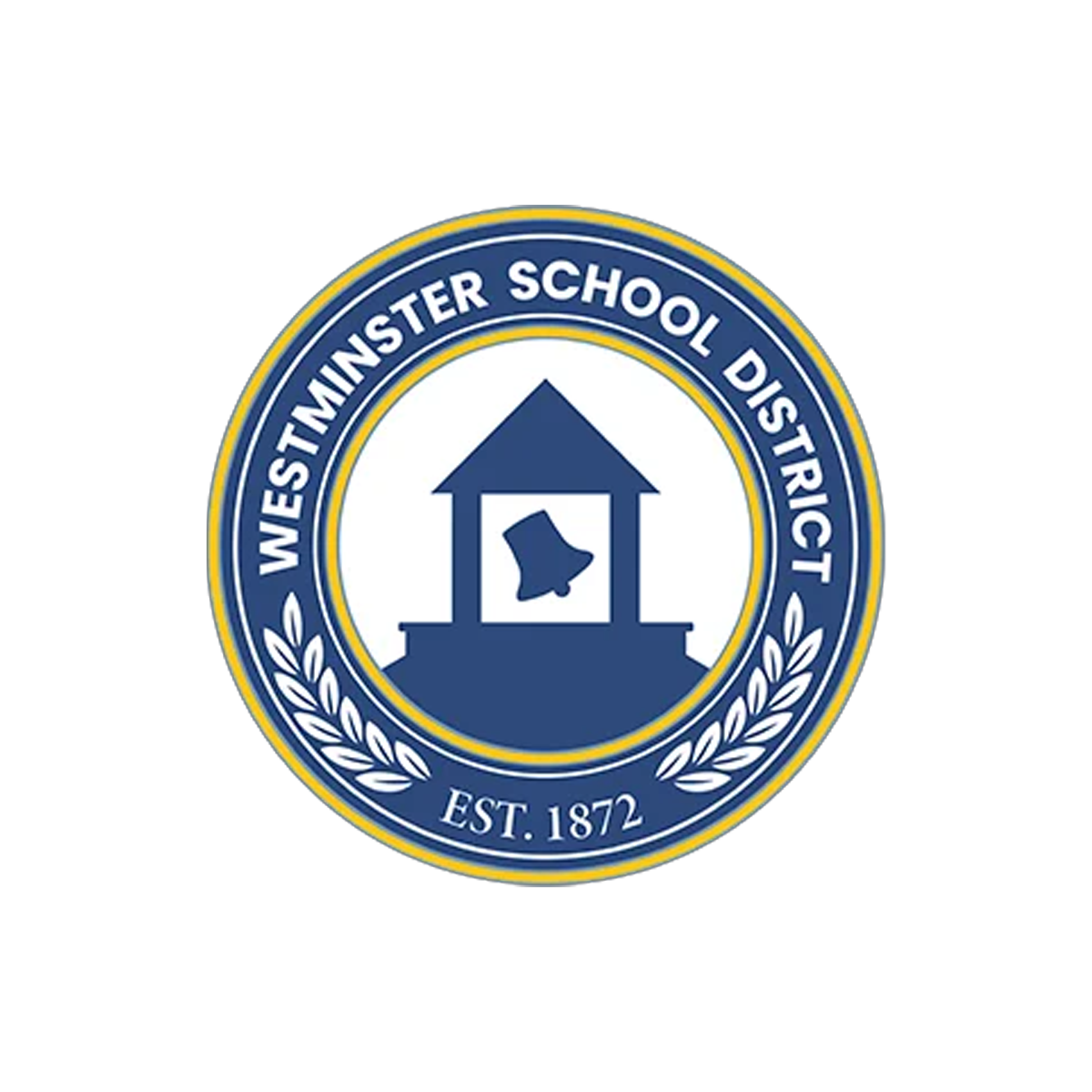 Seal of the Westmminster School District featuring a house with a bell inside, surrounded by the district name and established date 1872.