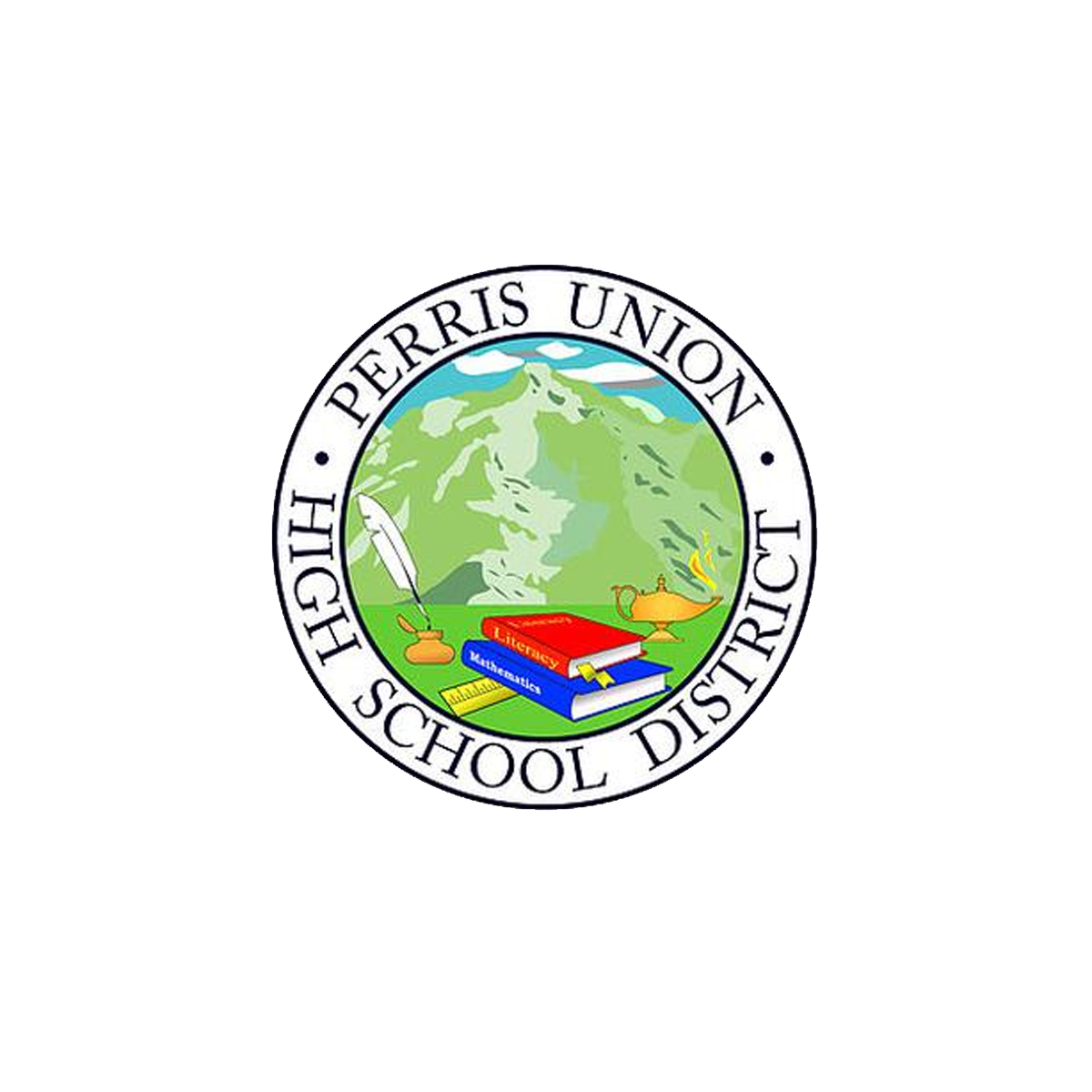 Seal of the Hetch Hetchy Perry Union School District featuring a mountain landscape, a quill, books labeled Literacy and Mathematics, a lamp, and a steaming tea pot, encircled by the district's name.