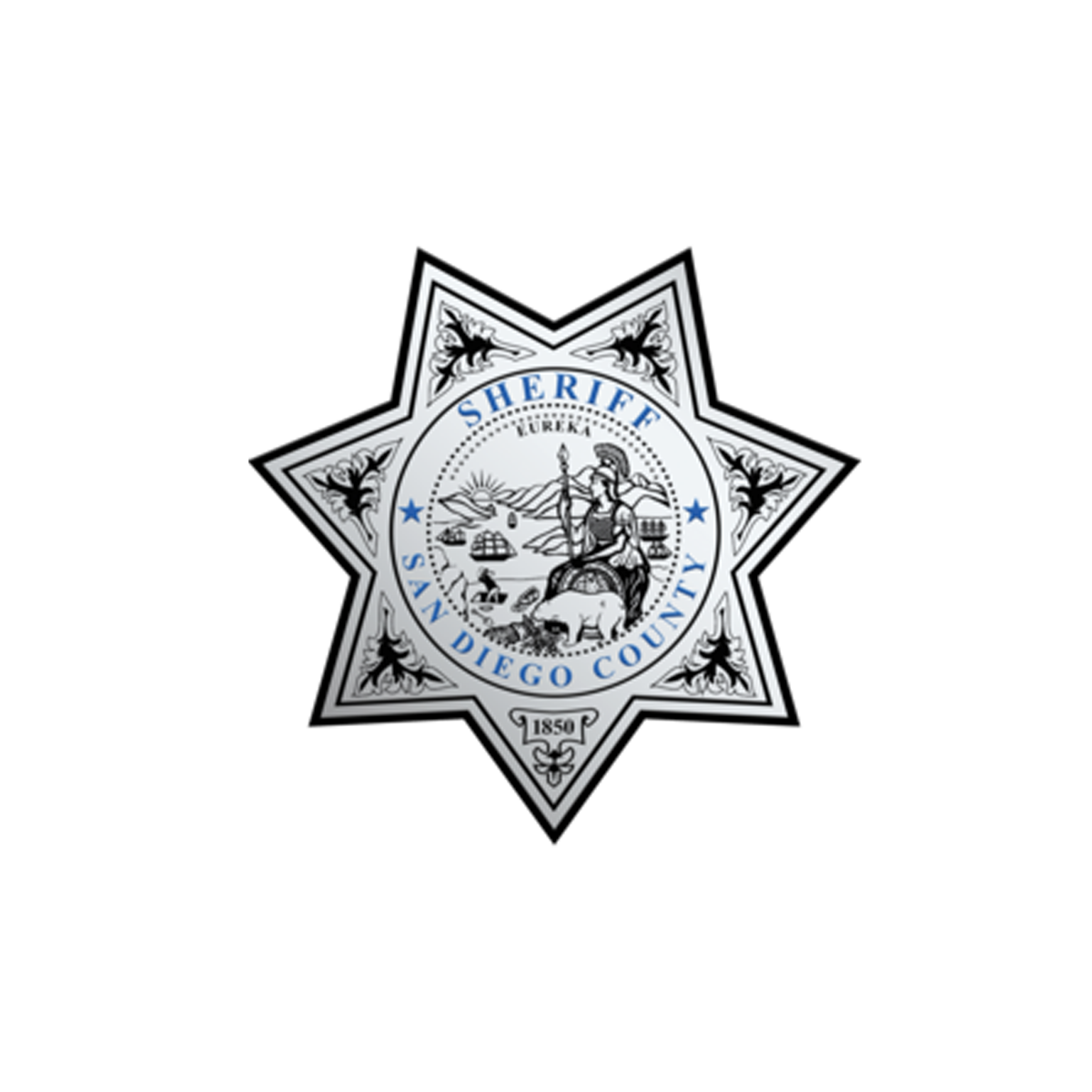 San Diego County sheriff's badge with a central seal featuring a figure riding a horse, surrounded by symbols of local industries and a banner reading 'Sheriff San Diego County'.