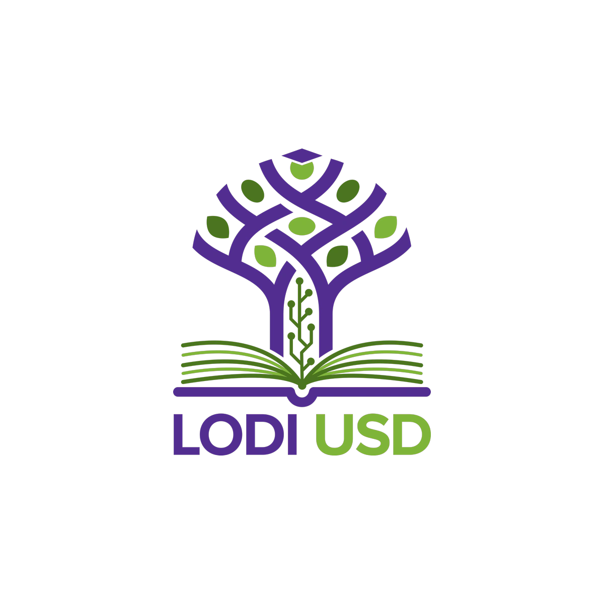 A logo featuring a stylized tree with purple and green branches and leaves, emerging from an open book, with the text 'LODI USD' underneath in purple and green.