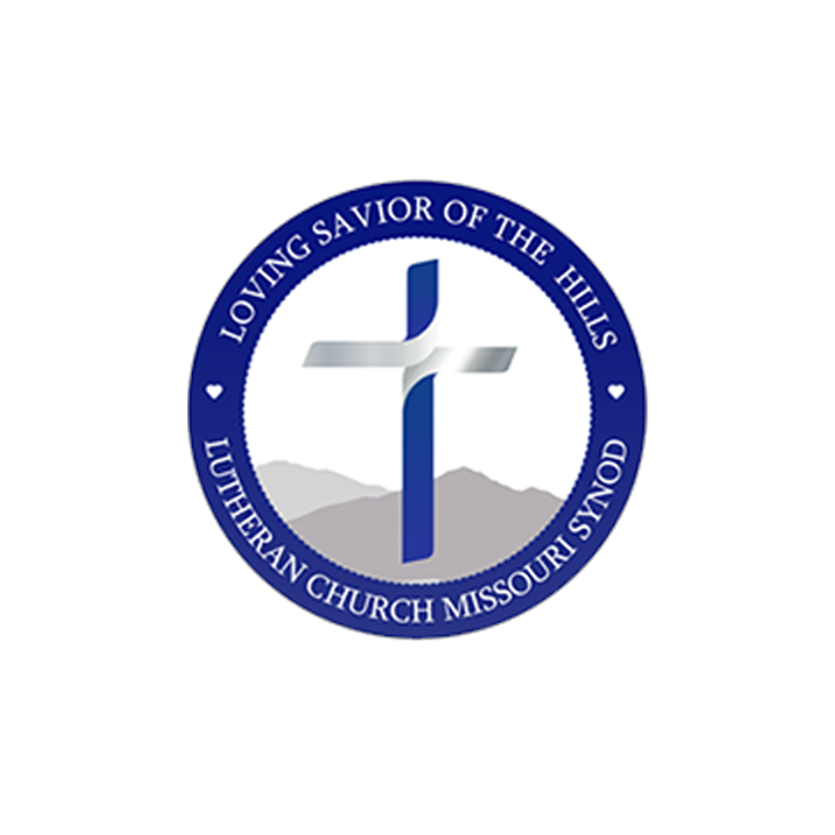 Logo of the International Church Missouri, St. Louis, featuring a cross shadowed against mountains, encircled by a blue border with white text.