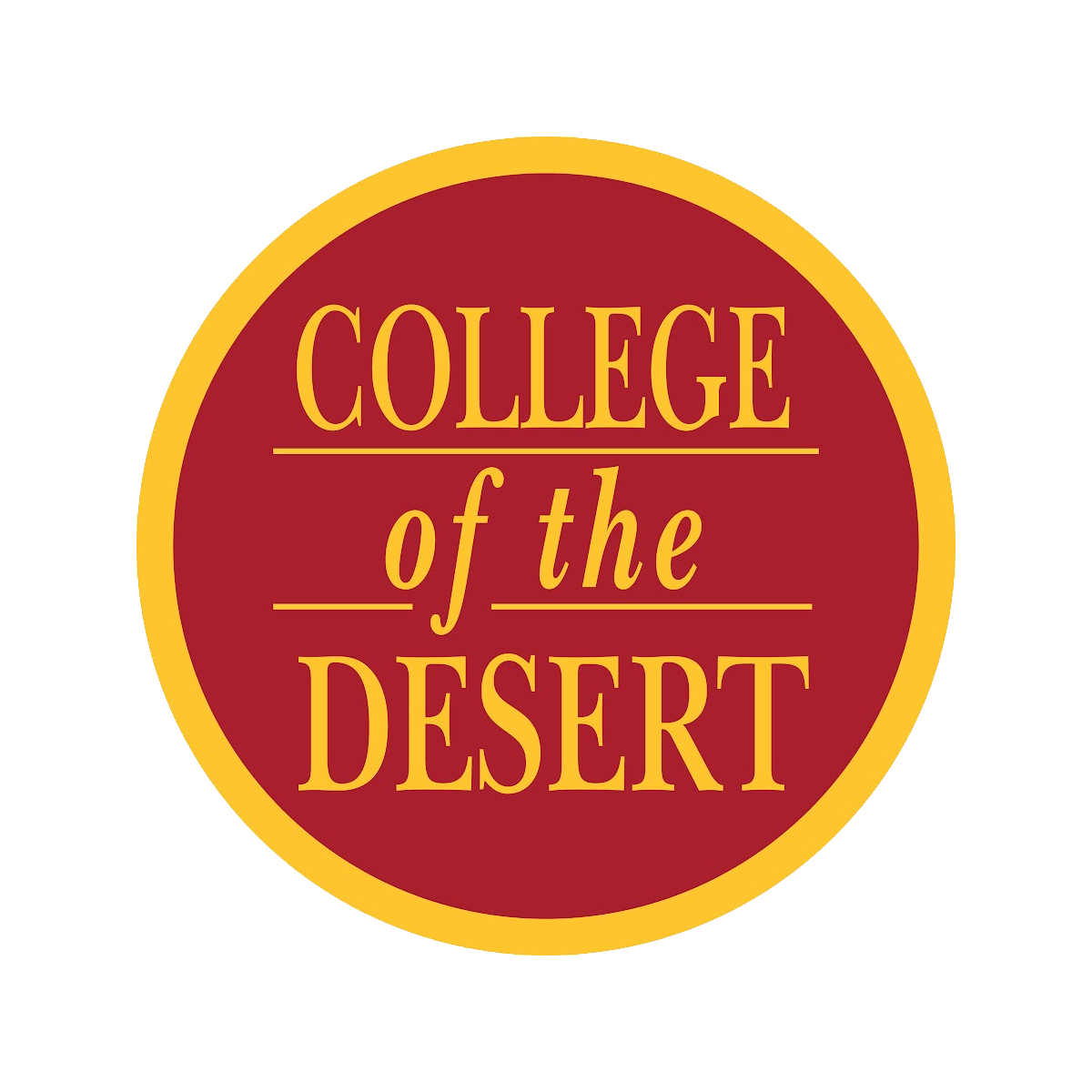 A circular logo with a red center and yellow border, containing the text "College of the Desert" in yellow, stylized font.