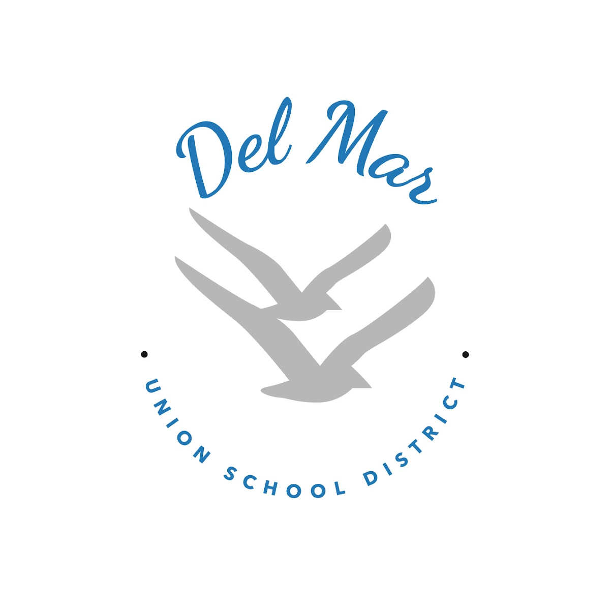 Logo for Del Mar Union School District featuring two stylized gray birds in flight above the district name in blue cursive text.