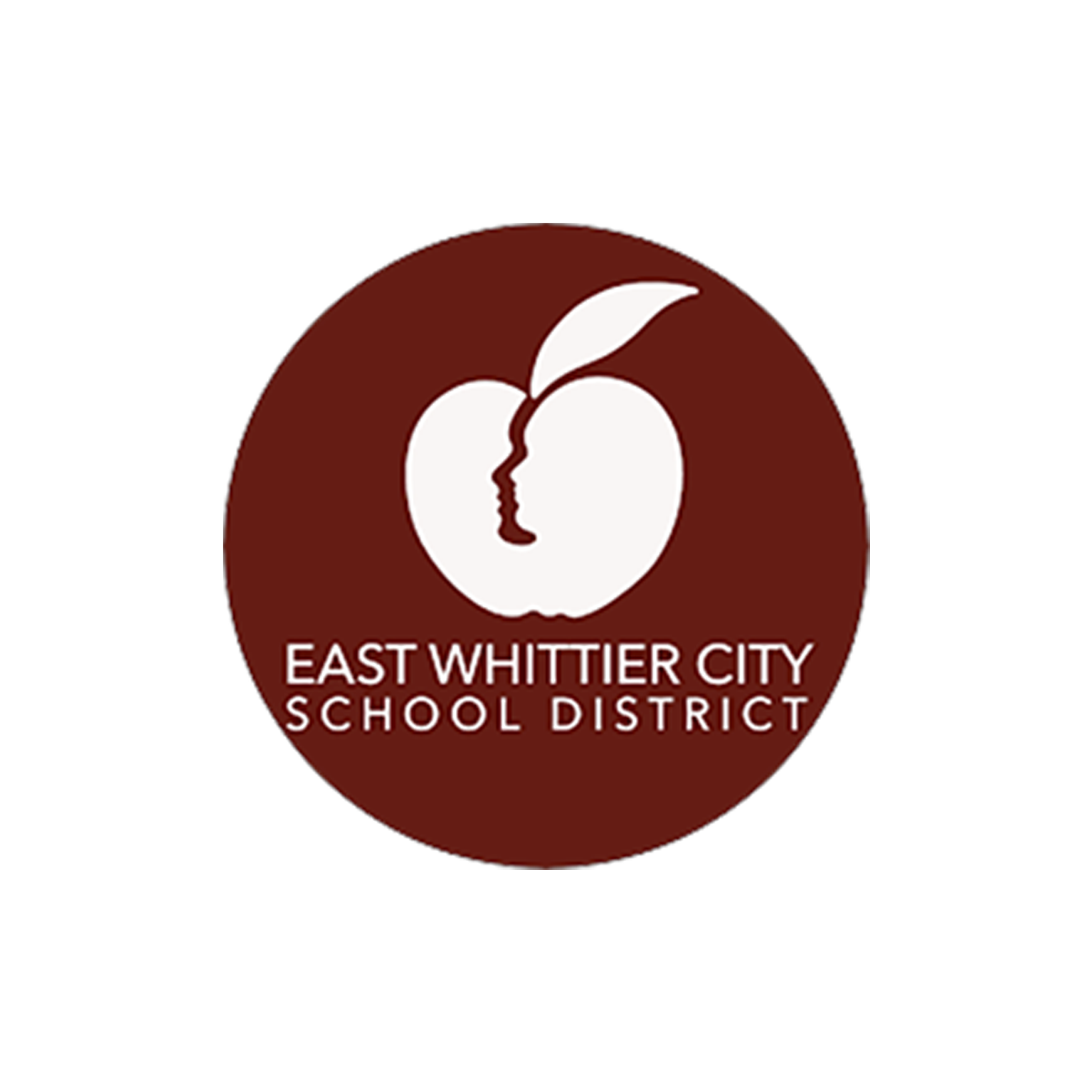 Logo of East Whittier City School District featuring a stylized apple with a human face outline and a leaf, with the district name below.