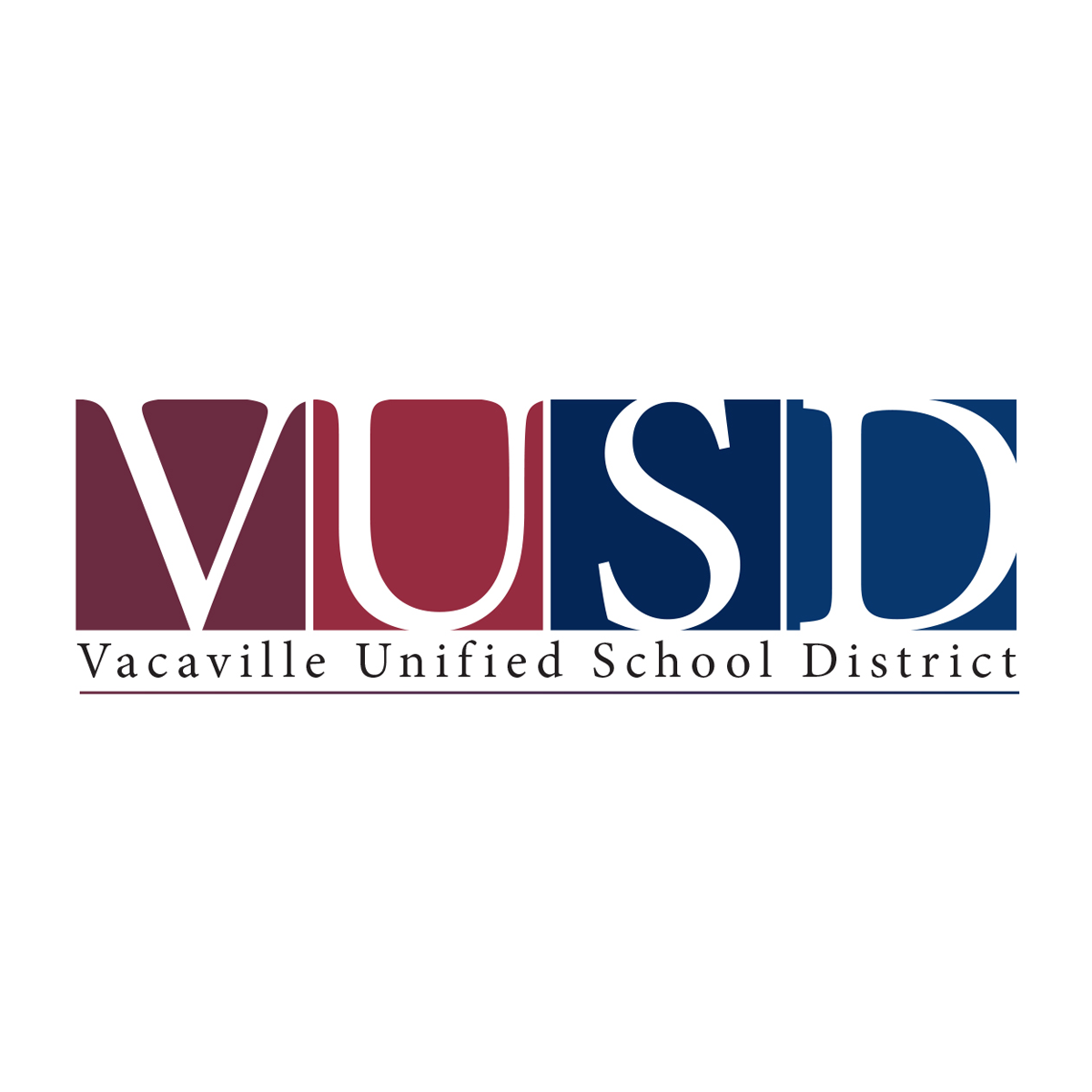 Logo of Vacaville Unified School District with stylized initials VUSD in maroon and navy blue, and district name written below.