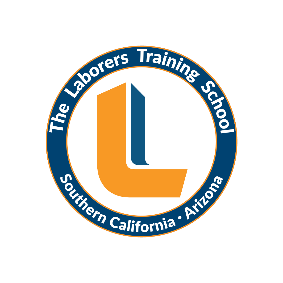 Logo of The Laborers Training School, Southern California Arizona, with a circular design featuring joined orange and blue shapes in the center.
