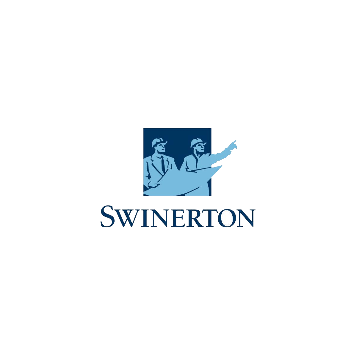 A logo with two blue illustrated workers in safety helmets and glasses, pointing toward the right, above the text 'SWINERTON' in blue capital letters.