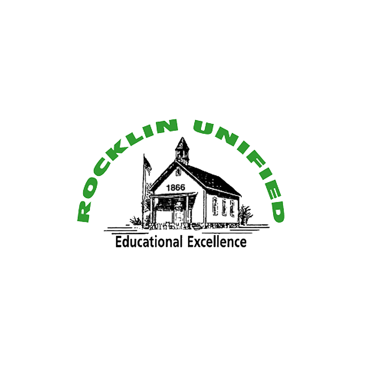 Logo for Rocklin Unified School District featuring a black and white church illustration with the year 1866, green text arching over it saying 'ROCKLIN UNIFIED,' and black text below reading 'Educational Excellence'.