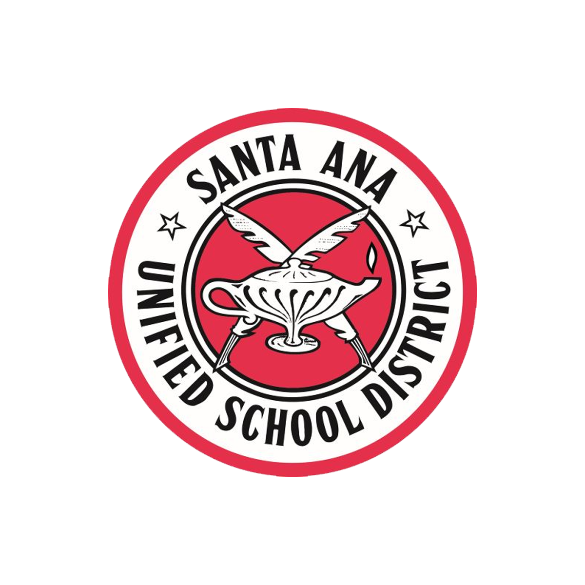 Seal of the Santa Ana Unified School District featuring a winged lamp with a flame.