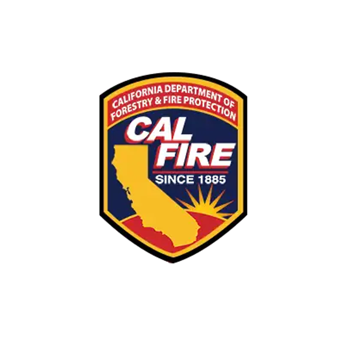 California Department of Forestry and Fire Protection badge featuring a yellow outline of California, a red and yellow rising sun, and the text "Cal Fire Since 1885".