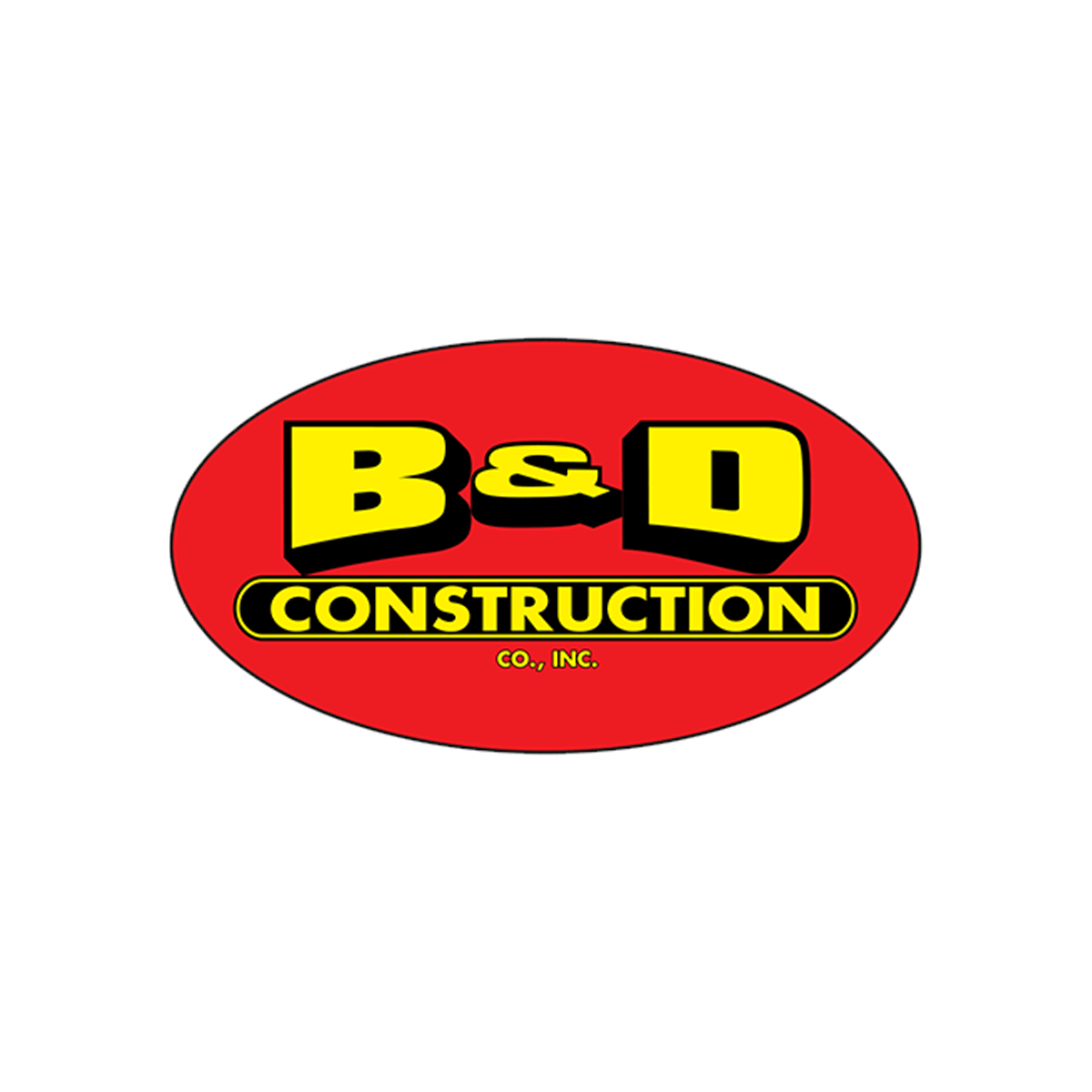 Logo for B & D Construction, Inc., featuring red oval background with yellow and black text.