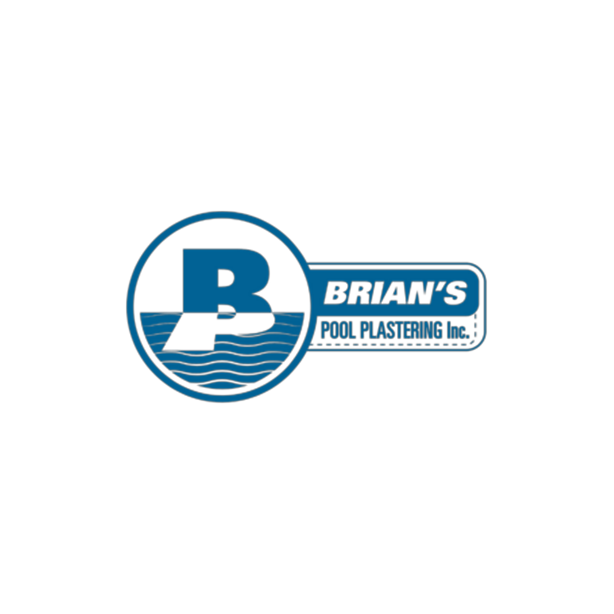 Logo of Brian's Pool Plastering Inc. featuring a circular design with a large letter B, water and wave imagery, and text in blue and black.