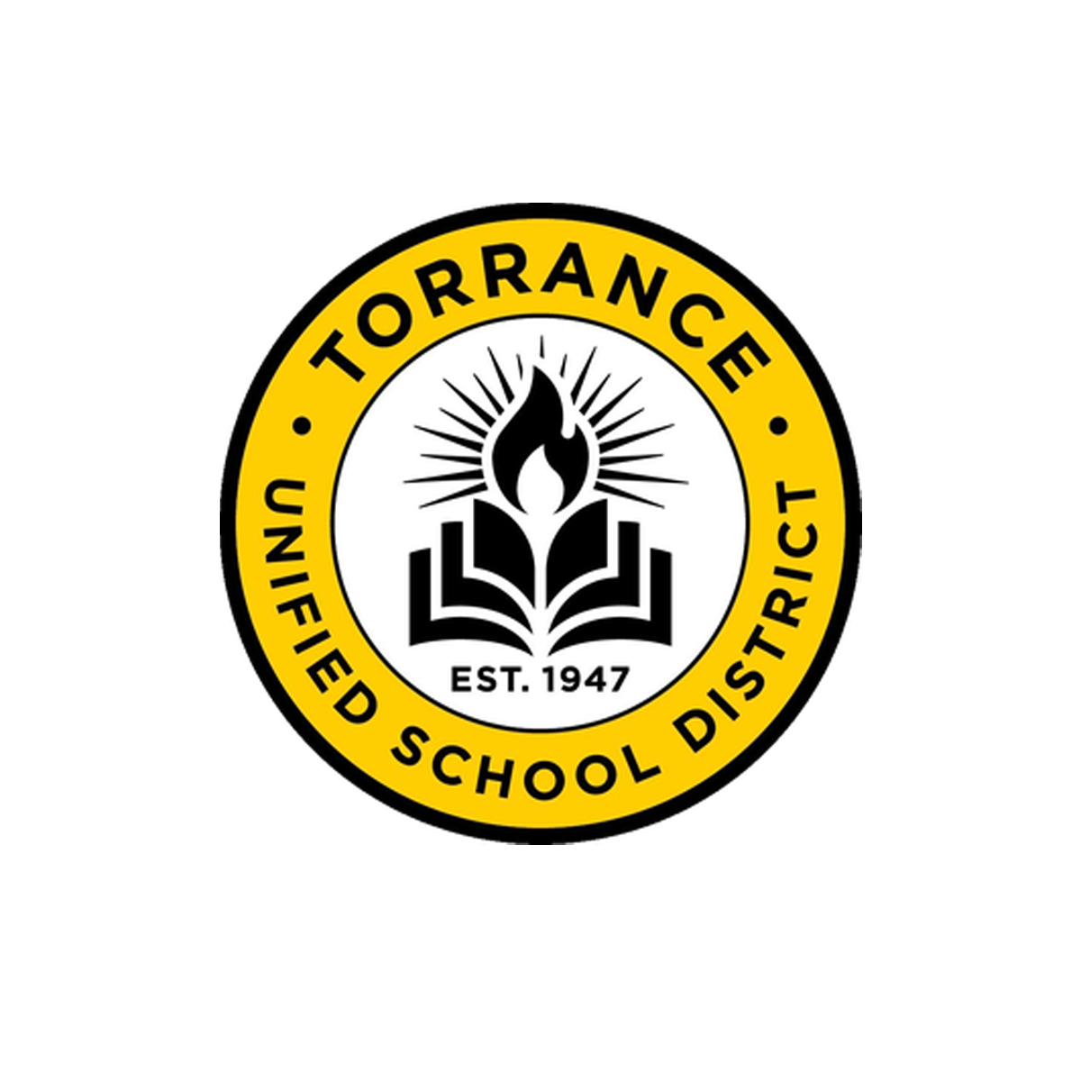 Logo of Torrance Unified School District featuring a flame, an open book, and the text 'EST. 1947' surrounded by a yellow circle with black text.
