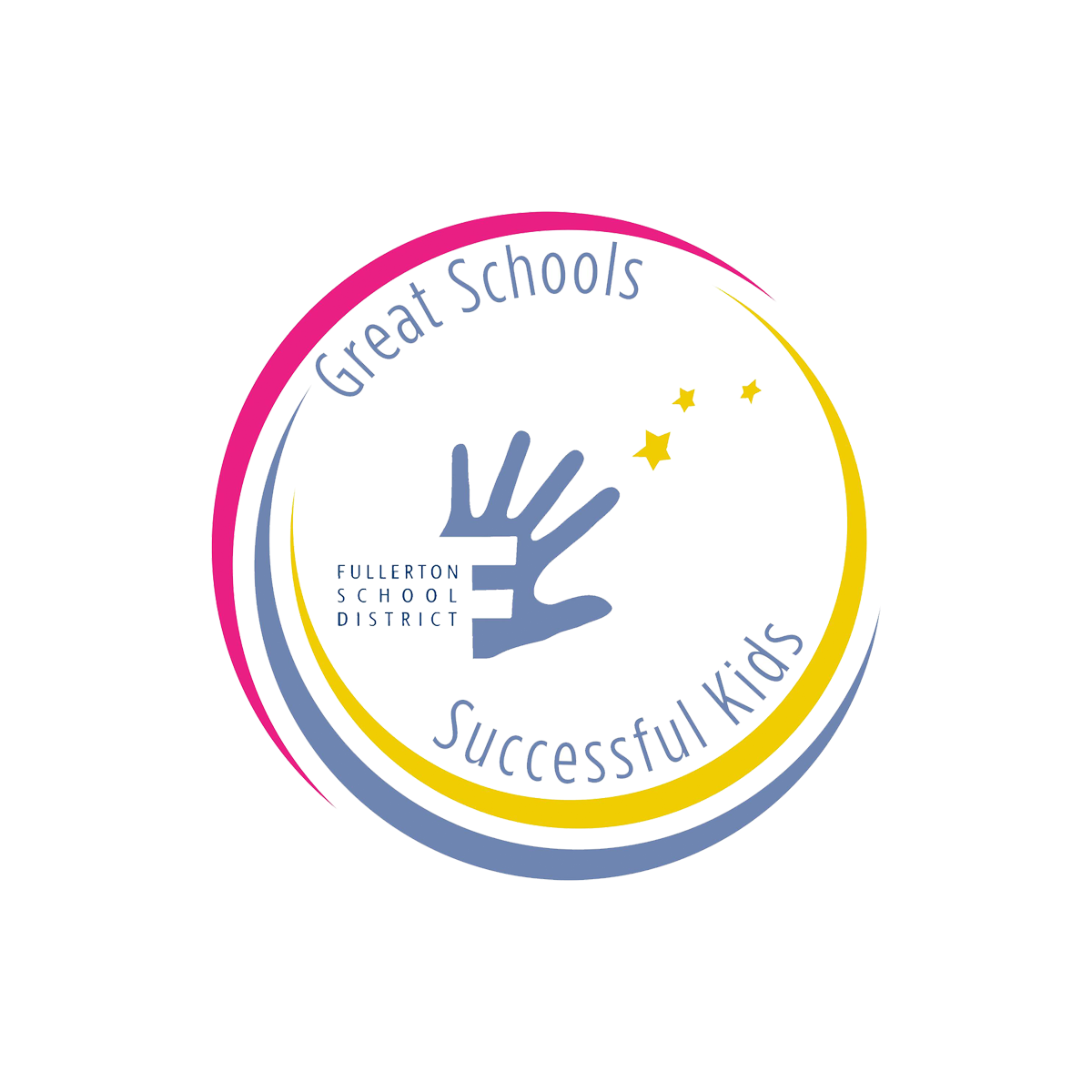 Logo of a school district featuring a blue hand reaching upward, with the text 'Fortron School District' and the phrase 'Get Schools, Access to Kids' surrounding it, decorated with stars and bright colors.