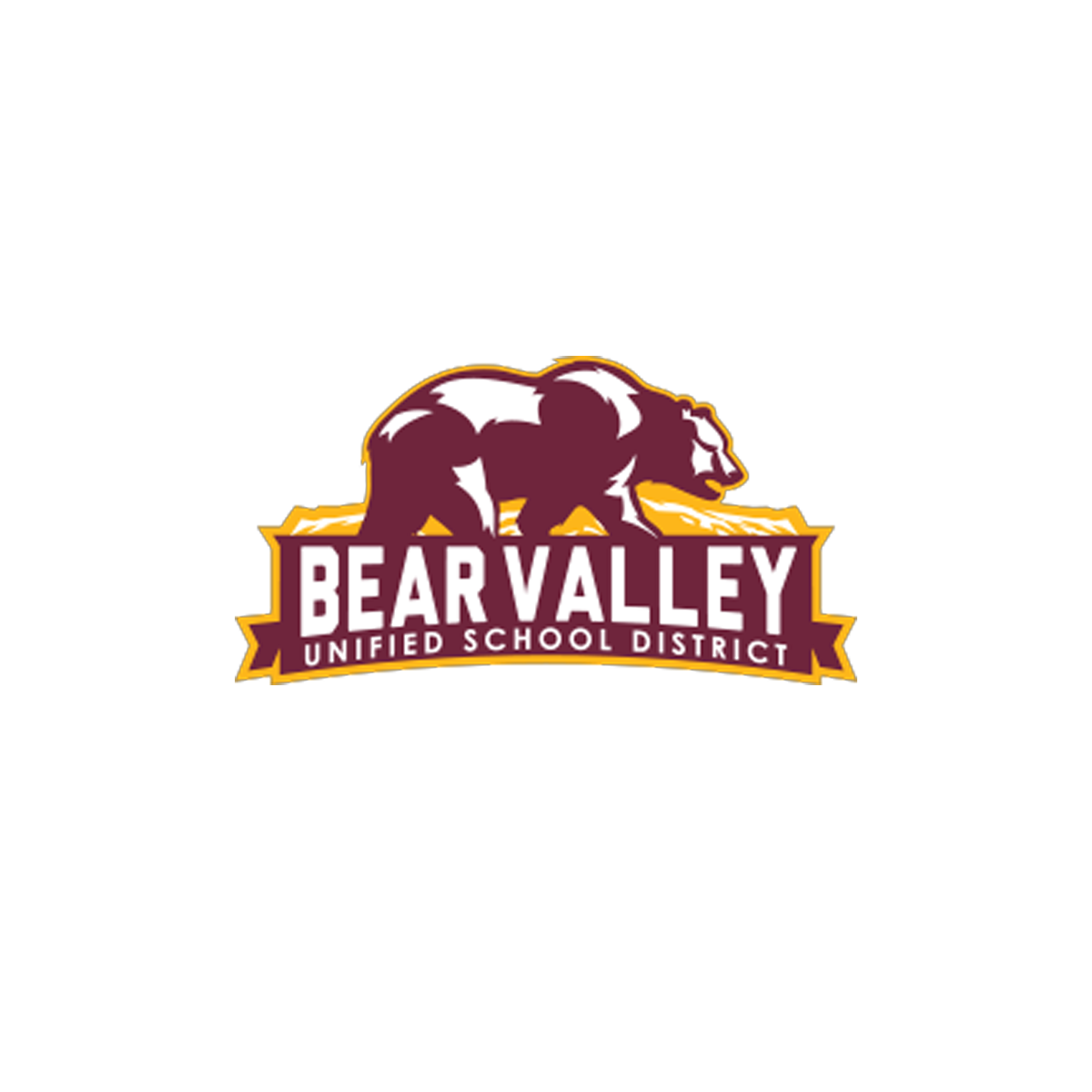 The logo for Bear Valley Unified School District features a bear walking on a yellow ground, with the district's name in white and purple lettering beneath the bear.