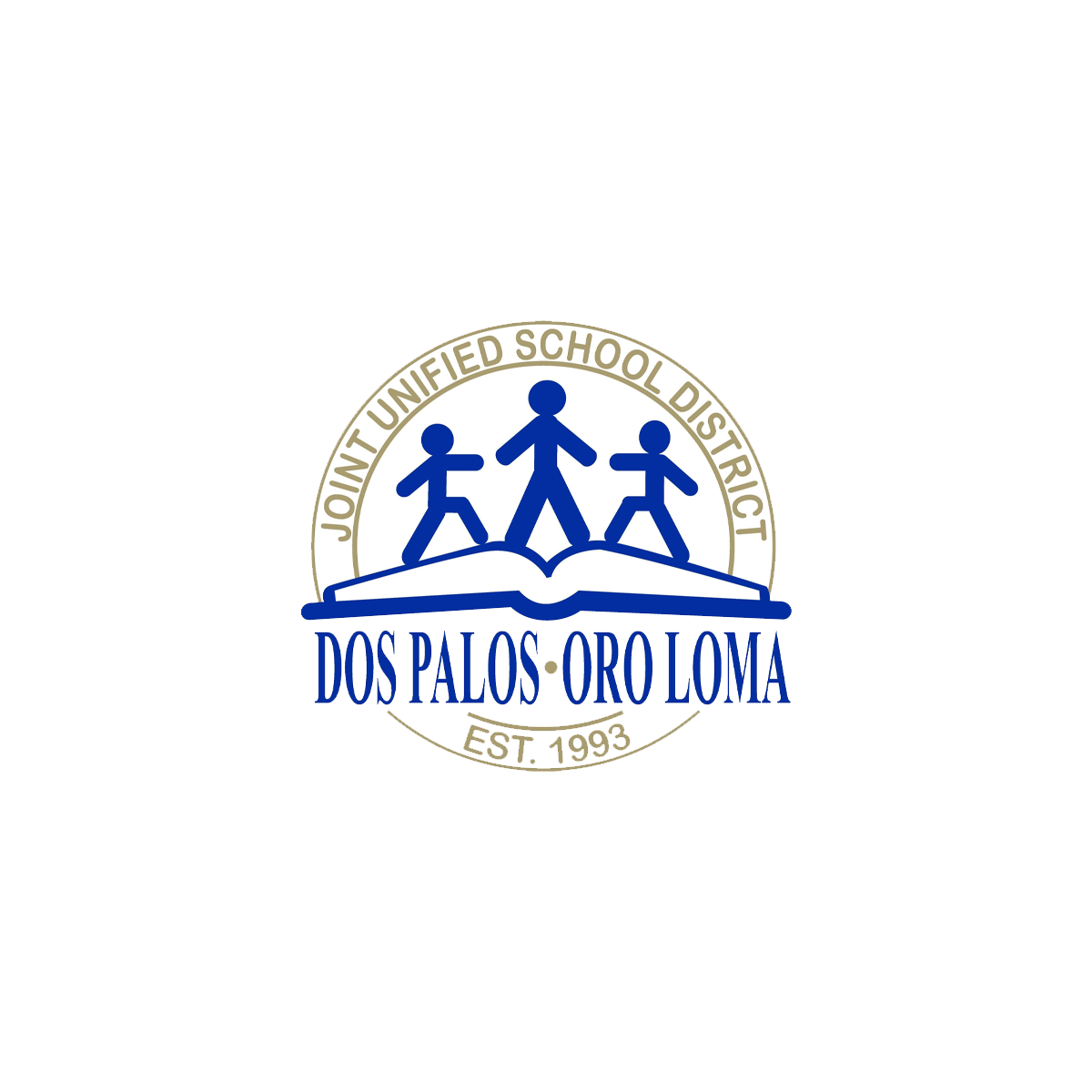 Logo of Dos Palos Oro Loma Joint Unified School District, featuring stylized human figures on an open book, with district name and establishment year 1993.