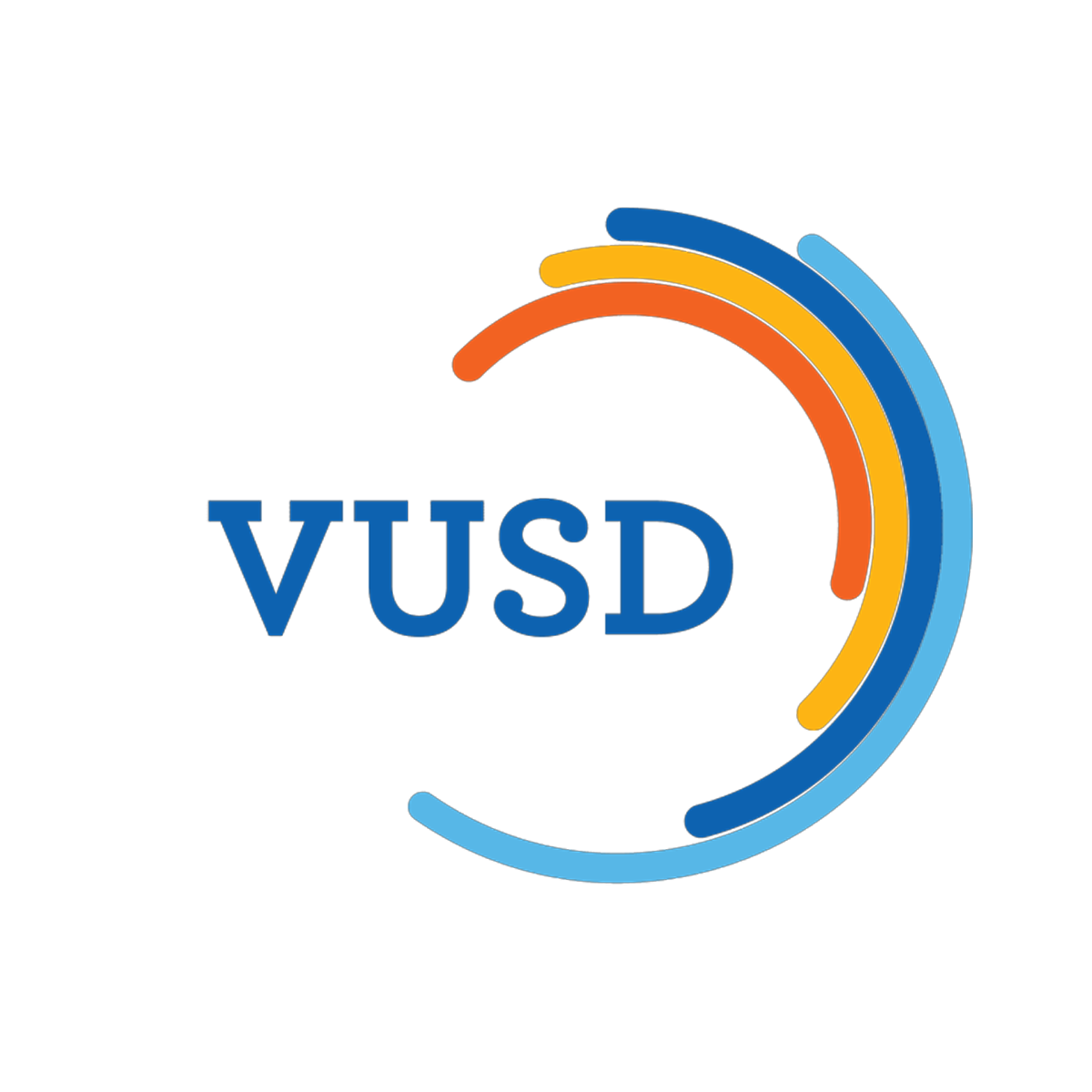 VUSD logo featuring colorful curved lines in blue, orange, and yellow around the acronym 'VUSD' in blue text.