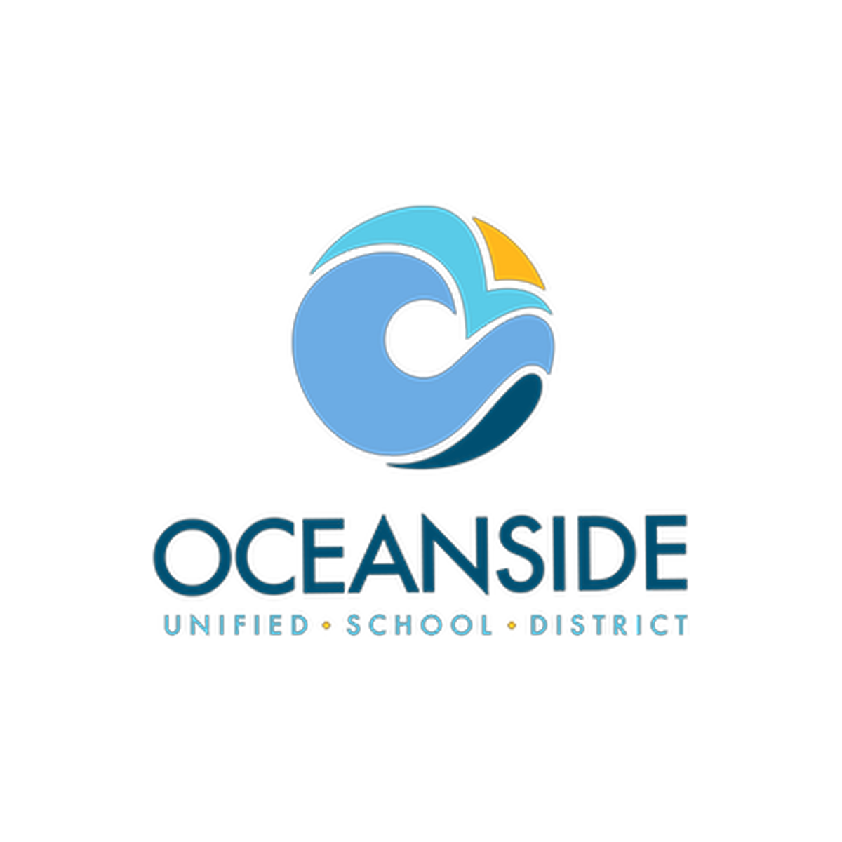Logo for Oceanside Unified School District, featuring a stylized ocean wave with shades of blue and a small yellow section, with the text 'Oceanside' in large blue and red letters and 'Unified School District' underneath.