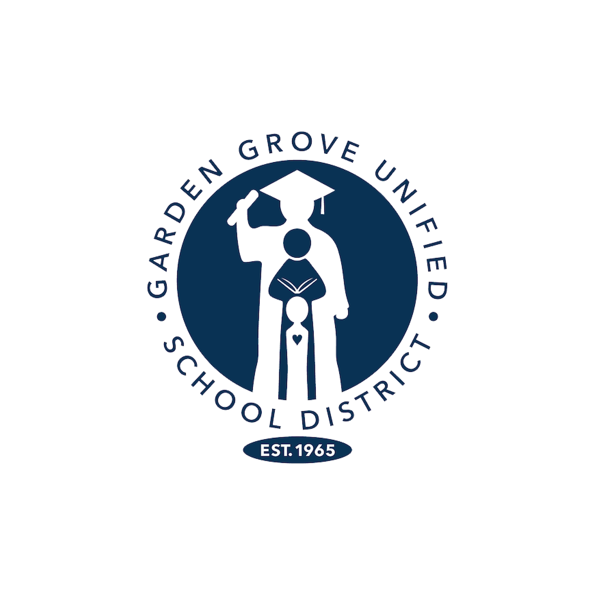 Logo of Garden Grove Unified School District with a figure of a person wearing a graduation cap, holding a diploma, and a smaller figure with a heart on their chest, surrounded by text indicating the district's name and establishment year.